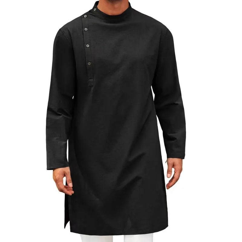 New Men's Muslim Robes Solid Long Sleeve 100% Cotton Stand Button Tops Robes Leisure Vintage Islamic Arab Kaftan Dubai Male