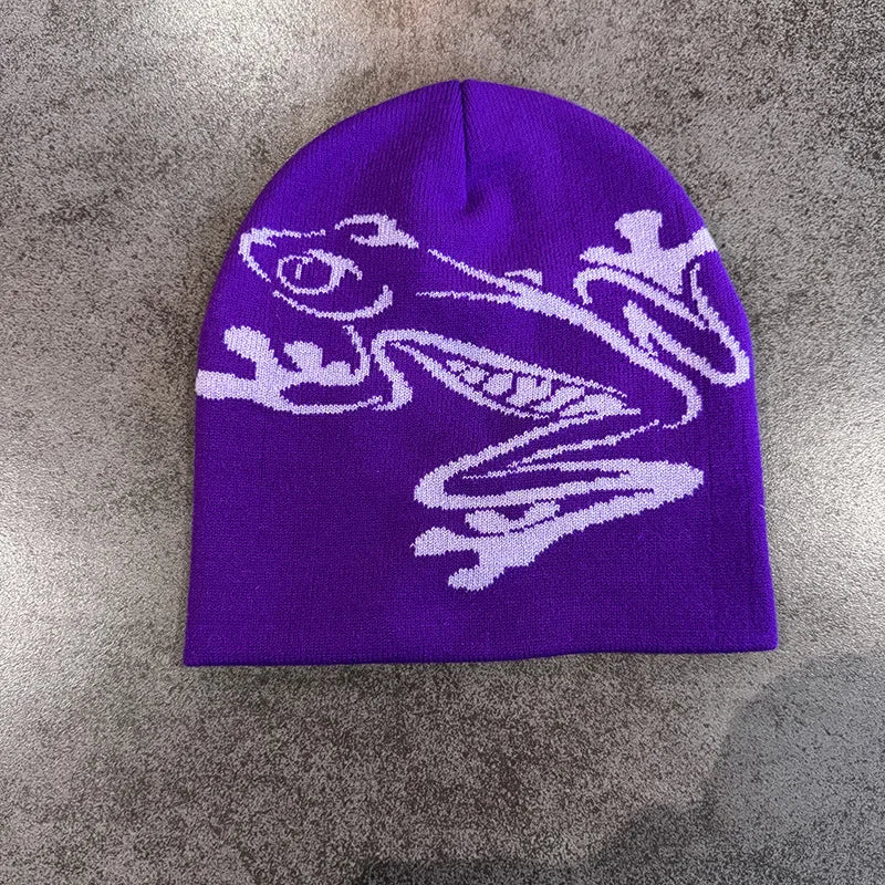 European and American Personalized Jacquard Cartoon Frog Double-Layer Knitted Slimming Headgear with a Cold Cap