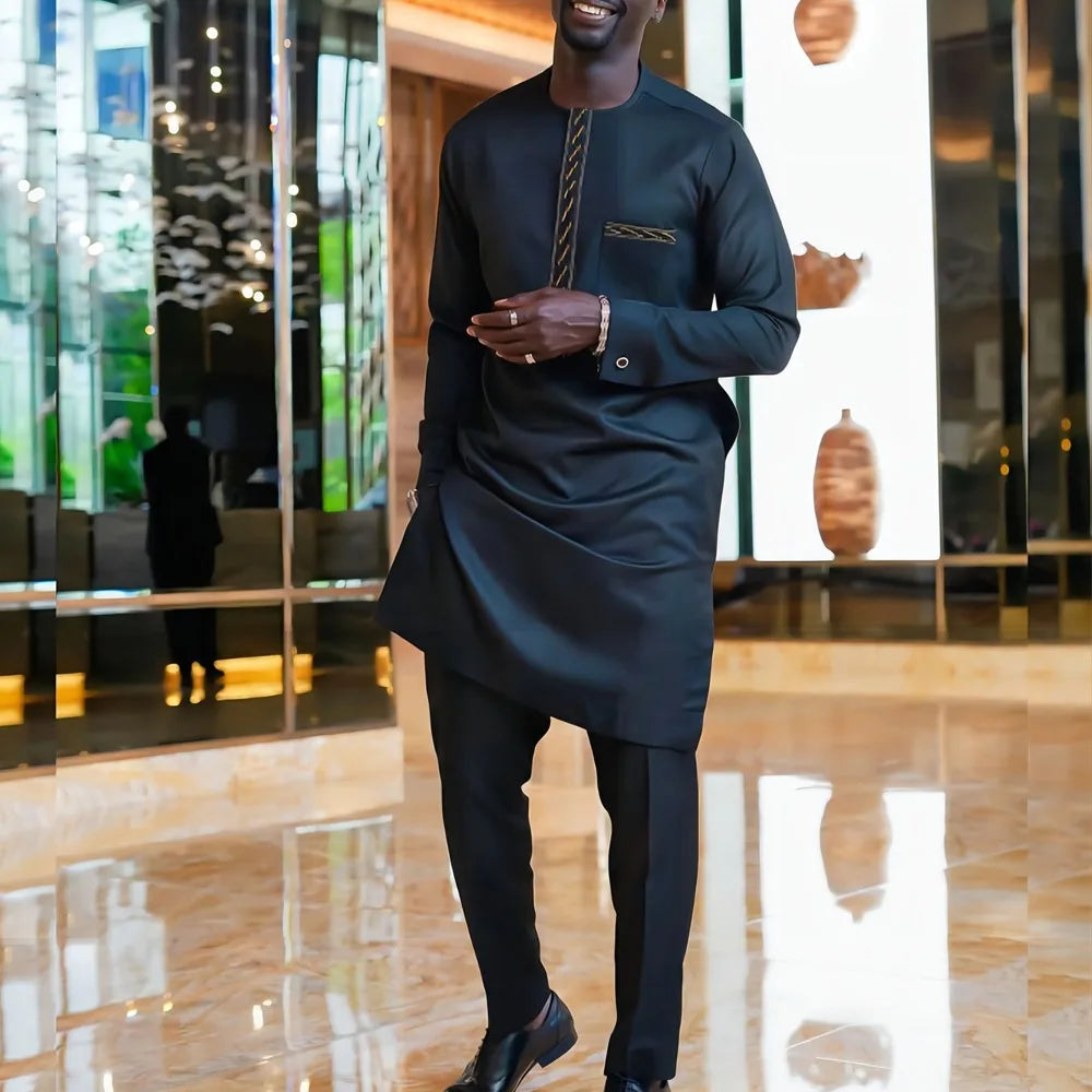 Man Sets Outfit Wedding Africa Beaded Long-sleeved Top Pants Kaftan Traditional Clothing Costoumes Ethnic Casual Men's 2Pcs Suit
