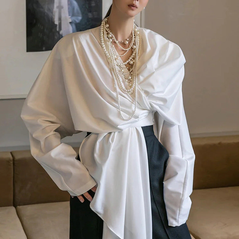 Fashion niche irregular splicing ribbon shirt for women