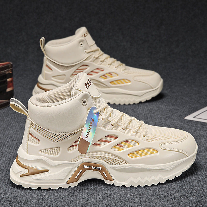 Autumn men's new breathable high top shoes, men's trendy and versatile thick soled mesh sports shoes, casual dad shoes for men