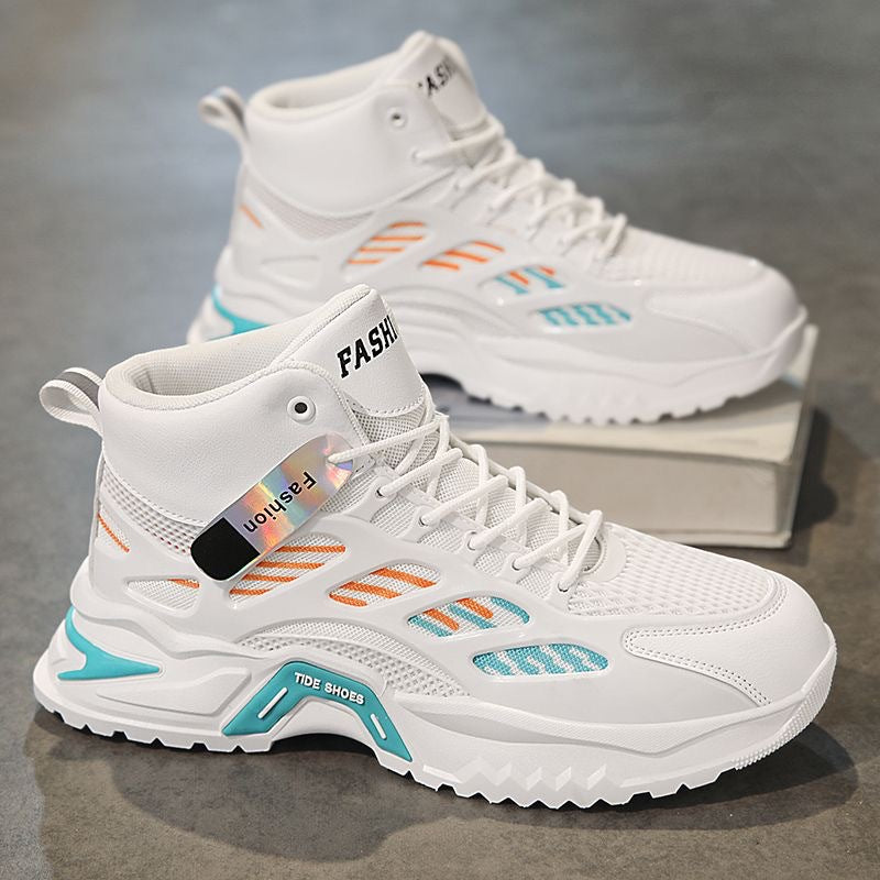 Autumn men's new breathable high top shoes, men's trendy and versatile thick soled mesh sports shoes, casual dad shoes for men