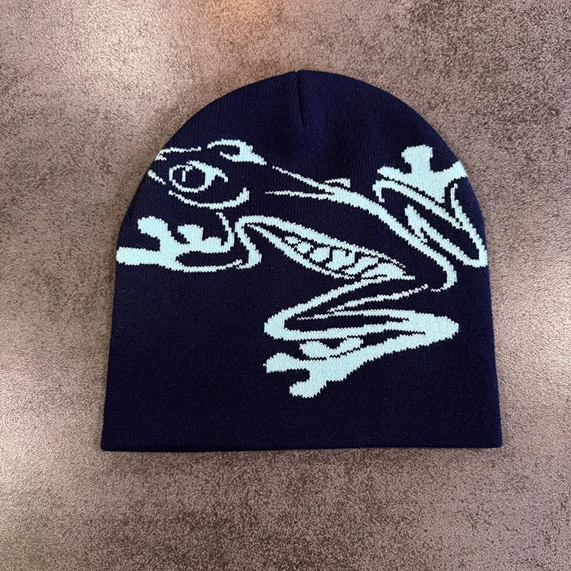 European and American Personalized Jacquard Cartoon Frog Double-Layer Knitted Slimming Headgear with a Cold Cap