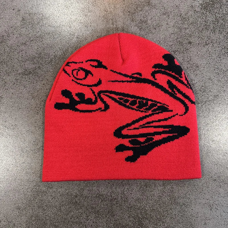 European and American Personalized Jacquard Cartoon Frog Double-Layer Knitted Slimming Headgear with a Cold Cap