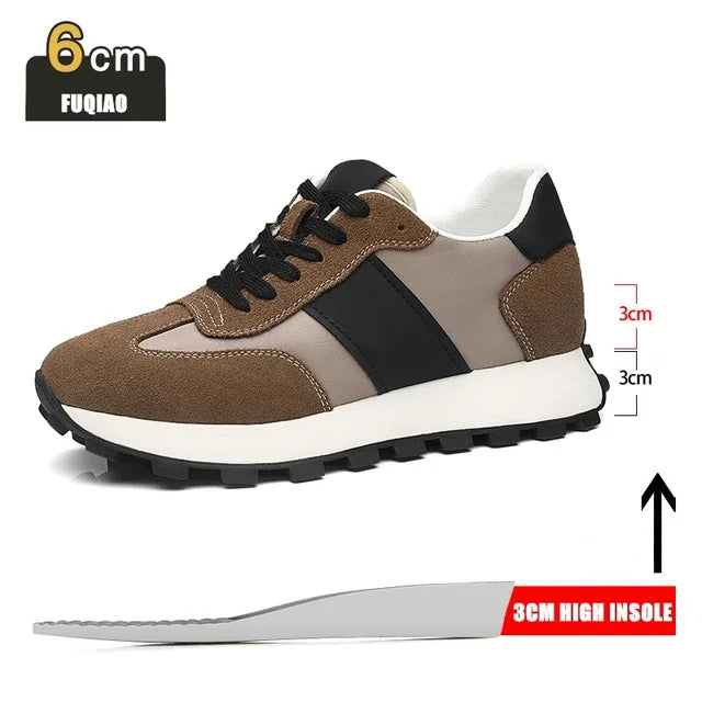 Man Elevator Casual Sneakers Cow Suede Leather Lace-Up Round Toe Platform Shoes 3/6/8cm Height Increase Shoes For Men Lift Sport