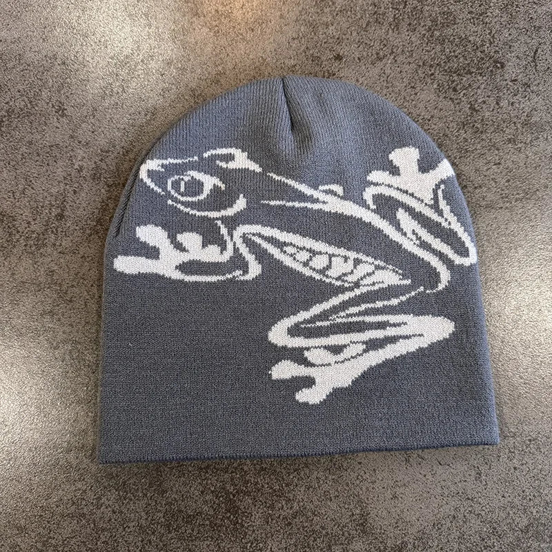 European and American Personalized Jacquard Cartoon Frog Double-Layer Knitted Slimming Headgear with a Cold Cap