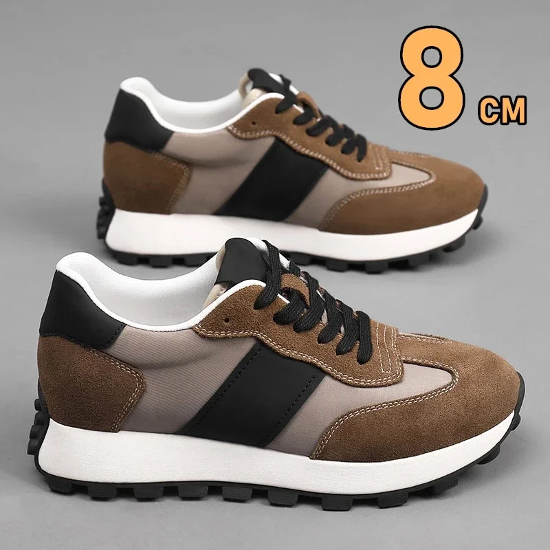 Man Elevator Casual Sneakers Cow Suede Leather Lace-Up Round Toe Platform Shoes 3/6/8cm Height Increase Shoes For Men Lift Sport