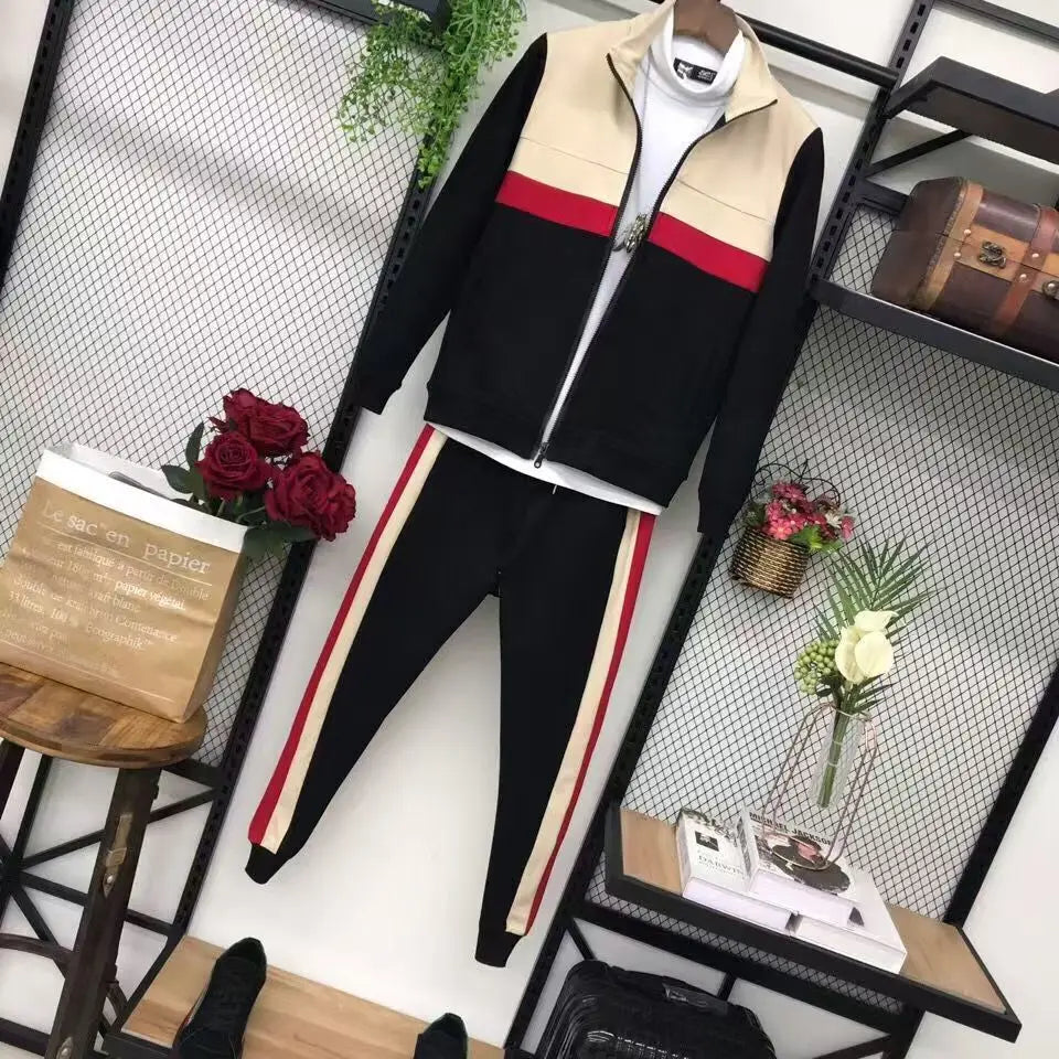 Spring Autumn 2025 New Men's Sportswear Casual Jacket Set Couple Style Color-striped Striped Long Pants Two-piece Set