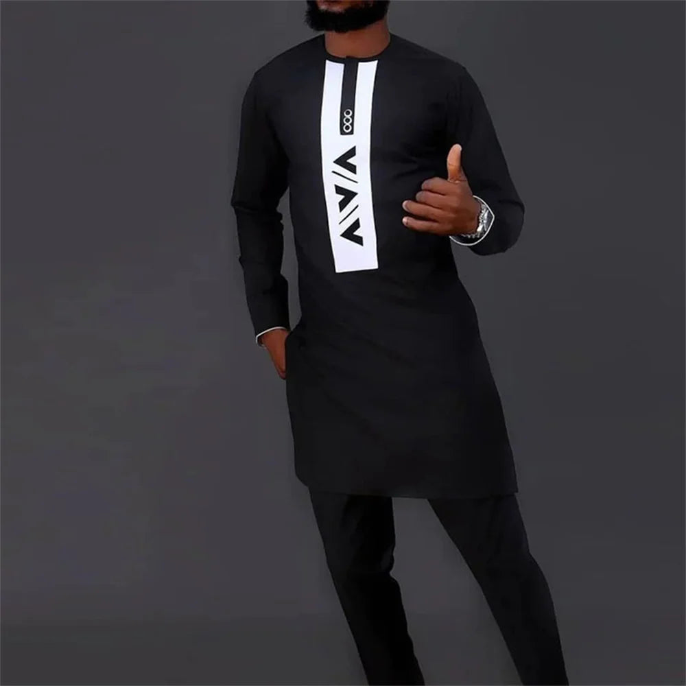 Man Sets Outfit Wedding Africa Beaded Long-sleeved Top Pants Kaftan Traditional Clothing Costoumes Ethnic Casual Men's 2Pcs Suit