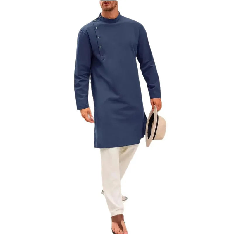New Men's Muslim Robes Solid Long Sleeve 100% Cotton Stand Button Tops Robes Leisure Vintage Islamic Arab Kaftan Dubai Male