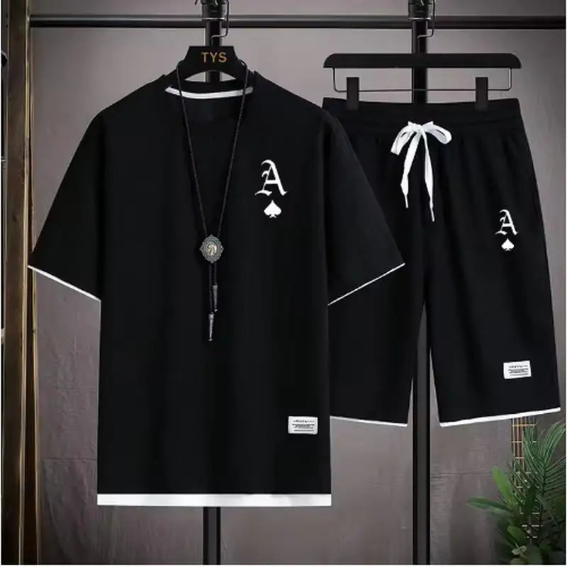 Fashionable Casual Men's Sports Suit Short-Sleeved T-Shirt and Outdoor Summer Sports Shorts Two-Piece Set Daily Casual