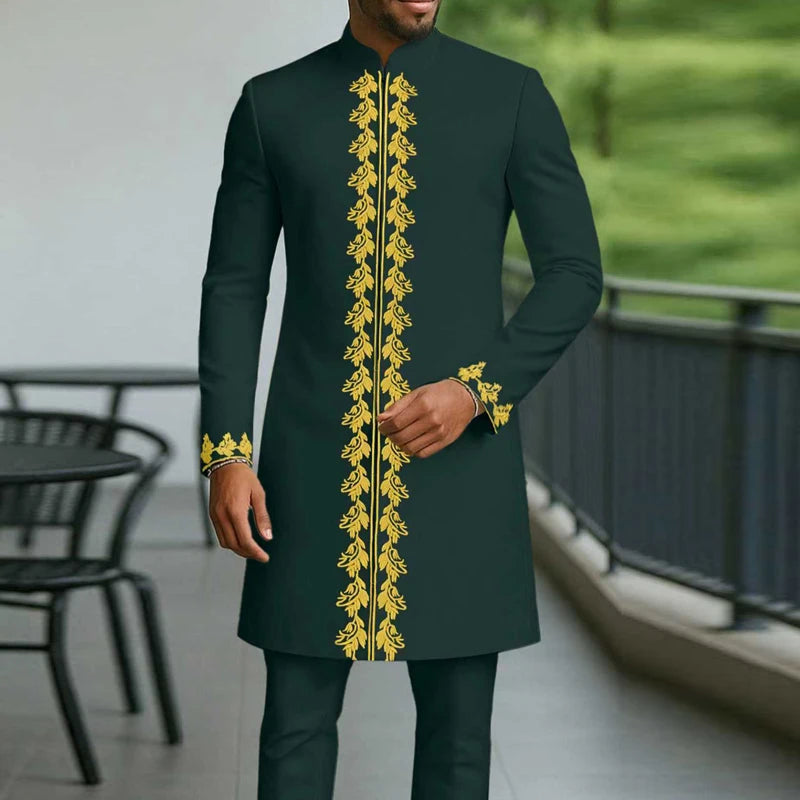 Man Sets Outfit Wedding Africa Beaded Long-sleeved Top Pants Kaftan Traditional Clothing Costoumes Ethnic Casual Men's 2Pcs Suit