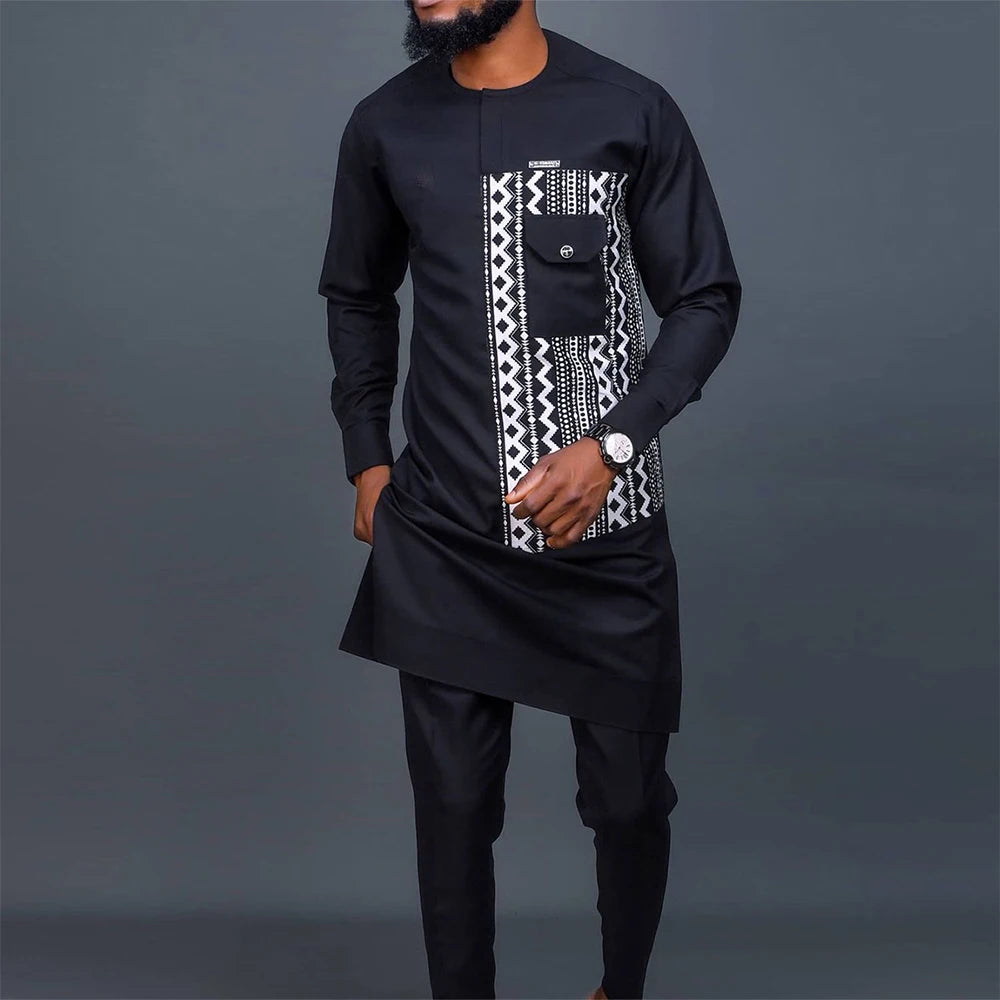 Man Sets Outfit Wedding Africa Beaded Long-sleeved Top Pants Kaftan Traditional Clothing Costoumes Ethnic Casual Men's 2Pcs Suit