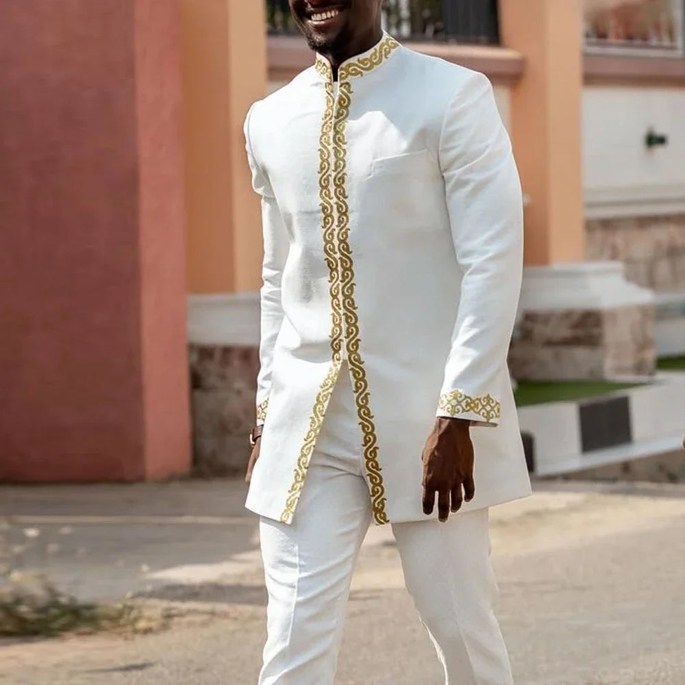 Man Sets Outfit Wedding Africa Beaded Long-sleeved Top Pants Kaftan Traditional Clothing Costoumes Ethnic Casual Men's 2Pcs Suit