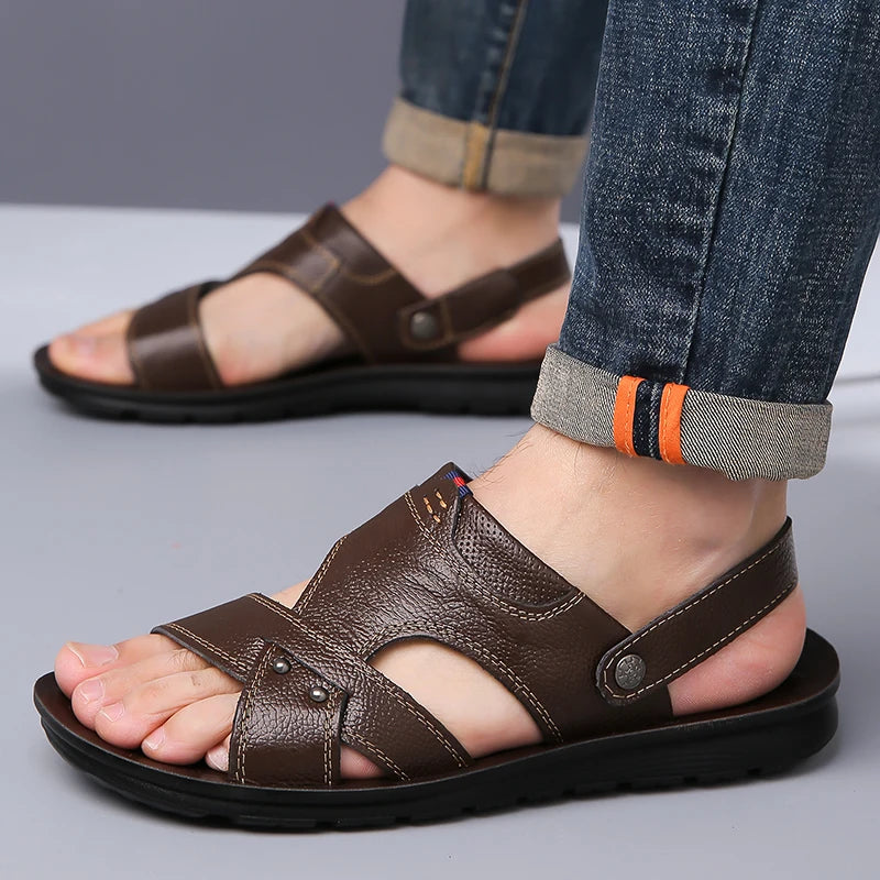 Men's Summer Leather Sandals Comfortable Anti-Slip Soft Bottom Dual-Wear Slip-On Beach Shoes Leather Cowhide Slippers-1884
