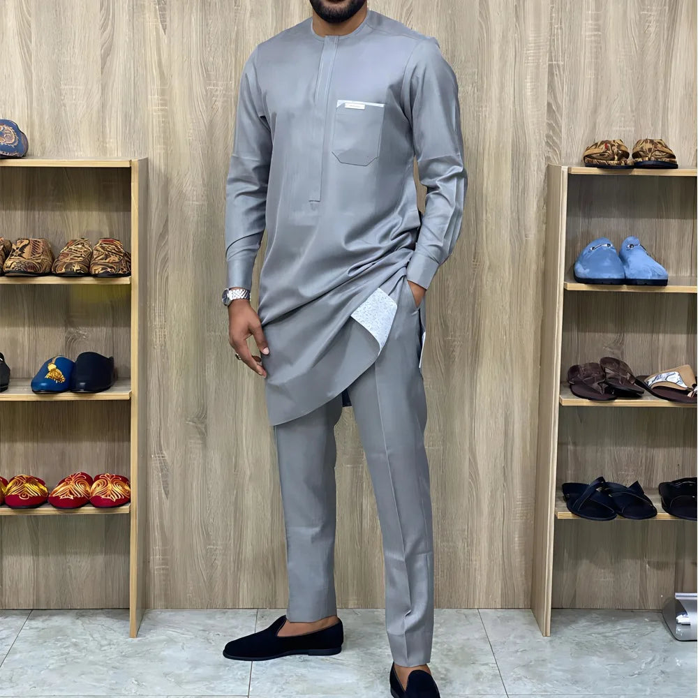 Man Sets Outfit Wedding Africa Beaded Long-sleeved Top Pants Kaftan Traditional Clothing Costoumes Ethnic Casual Men's 2Pcs Suit