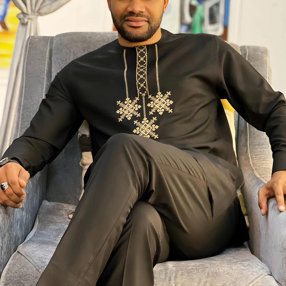 Man Sets Outfit Wedding Africa Beaded Long-sleeved Top Pants Kaftan Traditional Clothing Costoumes Ethnic Casual Men's 2Pcs Suit