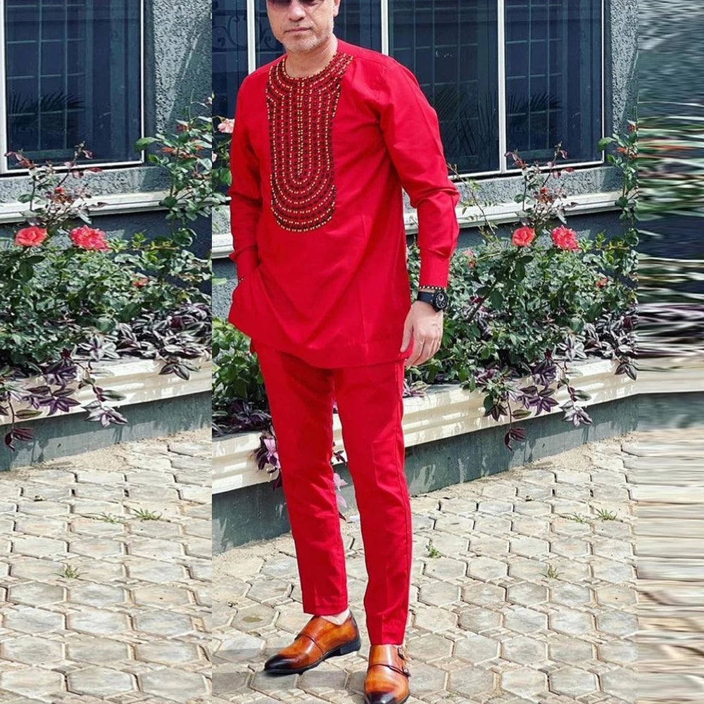 Man Sets Outfit Wedding Africa Beaded Long-sleeved Top Pants Kaftan Traditional Clothing Costoumes Ethnic Casual Men's 2Pcs Suit