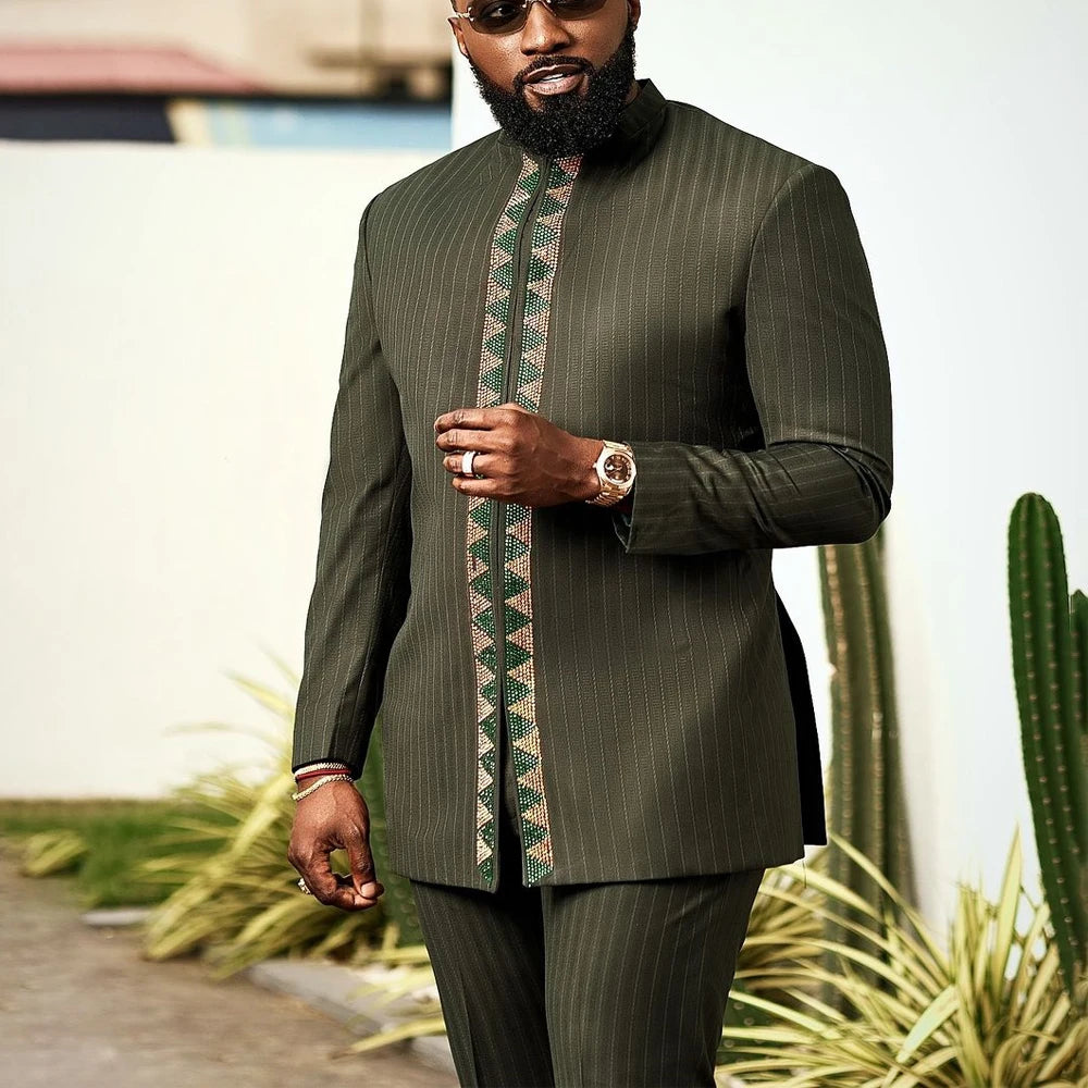 Man Sets Outfit Wedding Africa Beaded Long-sleeved Top Pants Kaftan Traditional Clothing Costoumes Ethnic Casual Men's 2Pcs Suit
