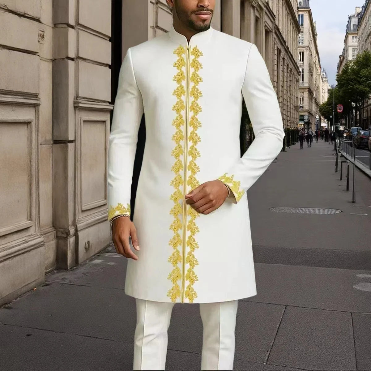 Man Sets Outfit Wedding Africa Beaded Long-sleeved Top Pants Kaftan Traditional Clothing Costoumes Ethnic Casual Men's 2Pcs Suit