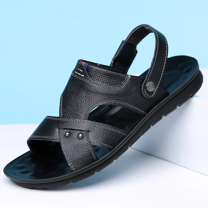 Men's Summer Leather Sandals Comfortable Anti-Slip Soft Bottom Dual-Wear Slip-On Beach Shoes Leather Cowhide Slippers-1884