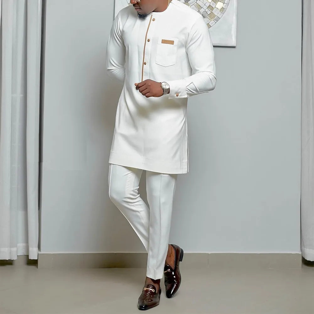 Man Sets Outfit Wedding Africa Beaded Long-sleeved Top Pants Kaftan Traditional Clothing Costoumes Ethnic Casual Men's 2Pcs Suit