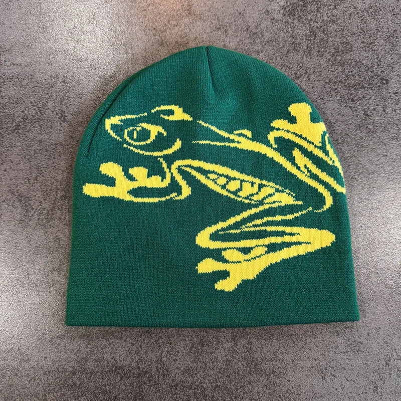 European and American Personalized Jacquard Cartoon Frog Double-Layer Knitted Slimming Headgear with a Cold Cap