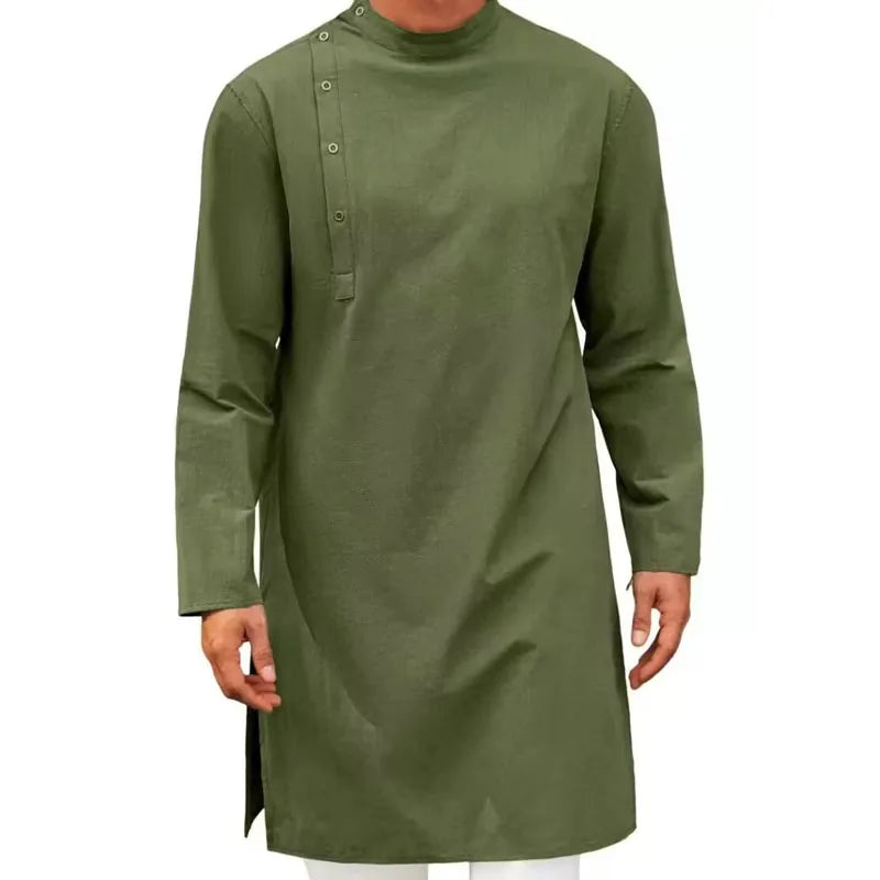 New Men's Muslim Robes Solid Long Sleeve 100% Cotton Stand Button Tops Robes Leisure Vintage Islamic Arab Kaftan Dubai Male
