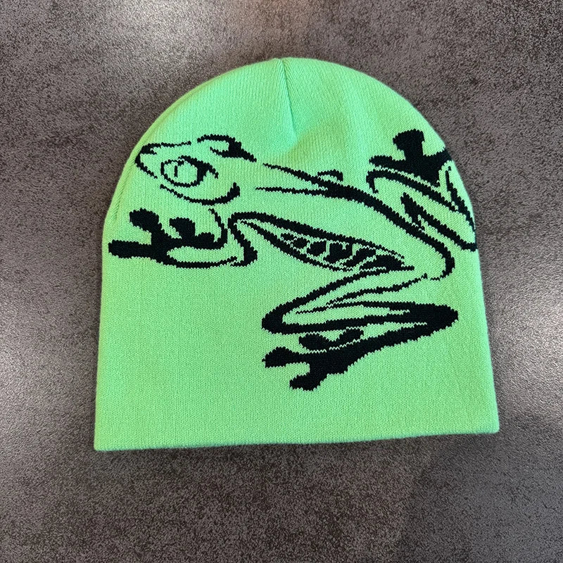 European and American Personalized Jacquard Cartoon Frog Double-Layer Knitted Slimming Headgear with a Cold Cap