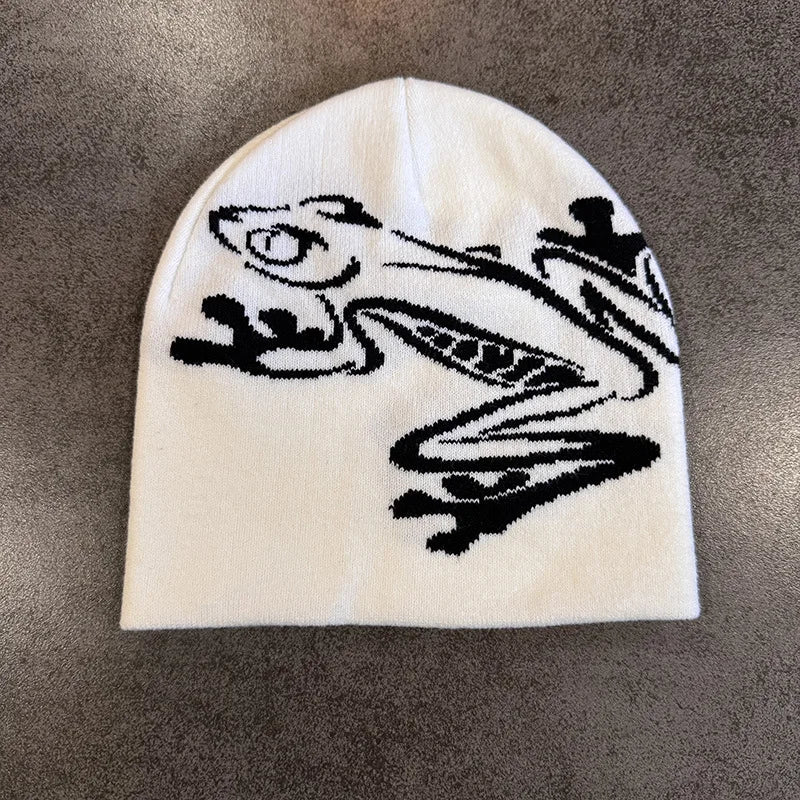 European and American Personalized Jacquard Cartoon Frog Double-Layer Knitted Slimming Headgear with a Cold Cap