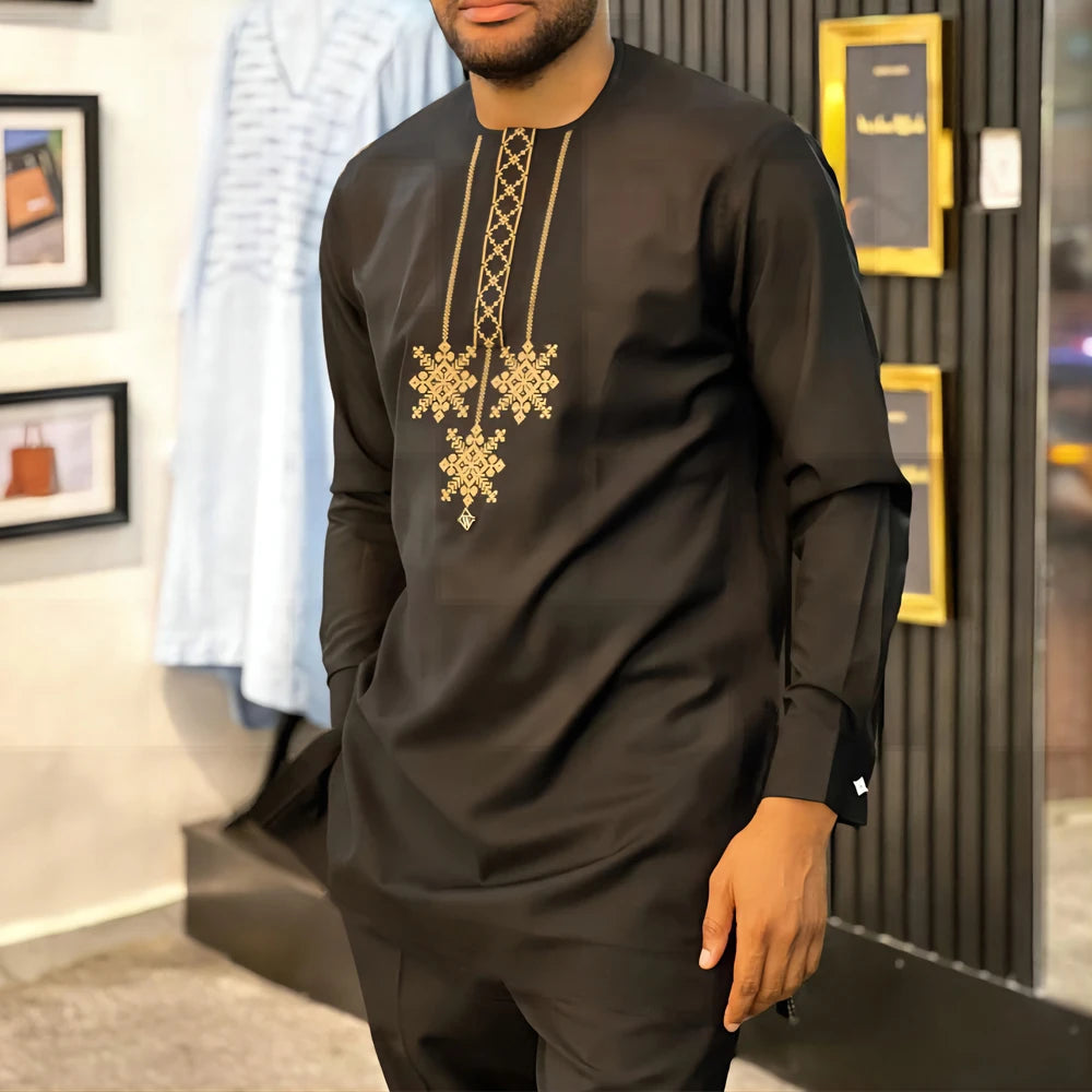 Man Sets Outfit Wedding Africa Beaded Long-sleeved Top Pants Kaftan Traditional Clothing Costoumes Ethnic Casual Men's 2Pcs Suit