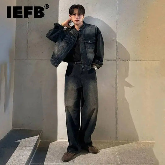 IEFB Korean Style Men's Two-piece Solid Color Stand Collar Single Breasted Denim Jackets Washed Wide Leg Loose Jeans Tide 9W3913