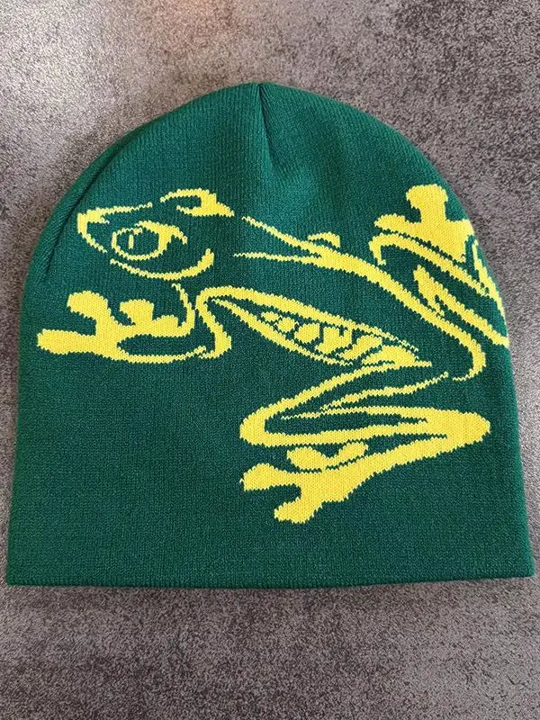 European and American Personalized Jacquard Cartoon Frog Double-Layer Knitted Slimming Headgear with a Cold Cap