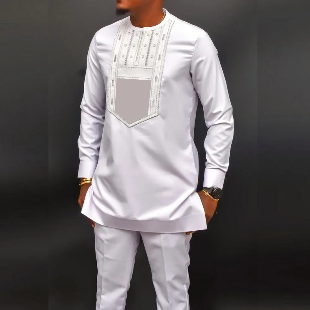 Man Sets Outfit Wedding Africa Beaded Long-sleeved Top Pants Kaftan Traditional Clothing Costoumes Ethnic Casual Men's 2Pcs Suit