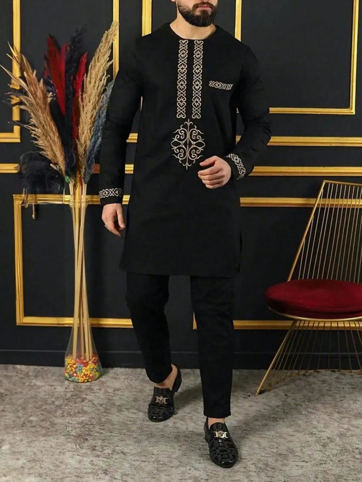 Man Sets Outfit Wedding Africa Beaded Long-sleeved Top Pants Kaftan Traditional Clothing Costoumes Ethnic Casual Men's 2Pcs Suit