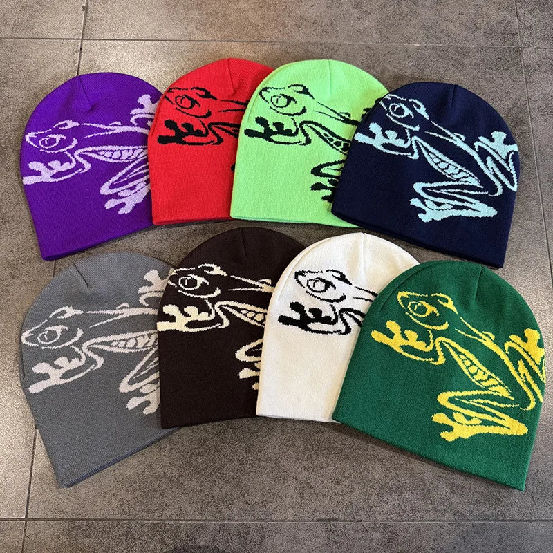 European and American Personalized Jacquard Cartoon Frog Double-Layer Knitted Slimming Headgear with a Cold Cap