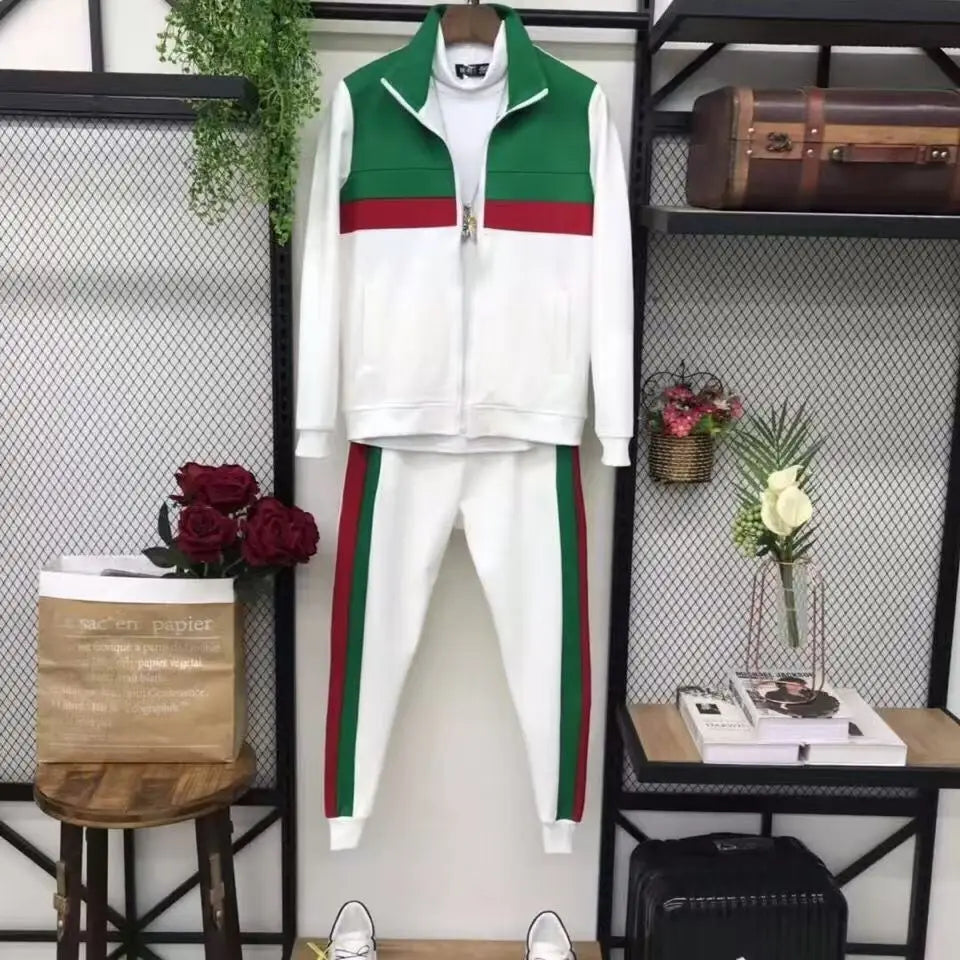 Spring Autumn 2025 New Men's Sportswear Casual Jacket Set Couple Style Color-striped Striped Long Pants Two-piece Set