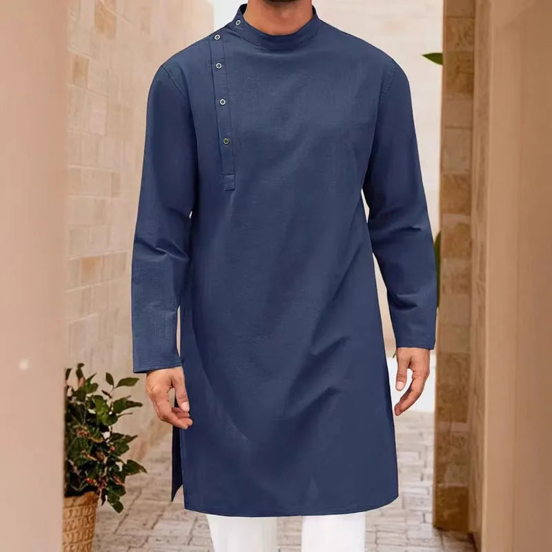 New Men's Muslim Robes Solid Long Sleeve 100% Cotton Stand Button Tops Robes Leisure Vintage Islamic Arab Kaftan Dubai Male
