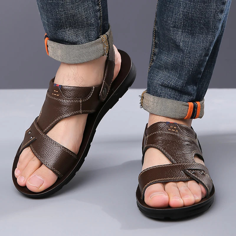 Men's Summer Leather Sandals Comfortable Anti-Slip Soft Bottom Dual-Wear Slip-On Beach Shoes Leather Cowhide Slippers-1884
