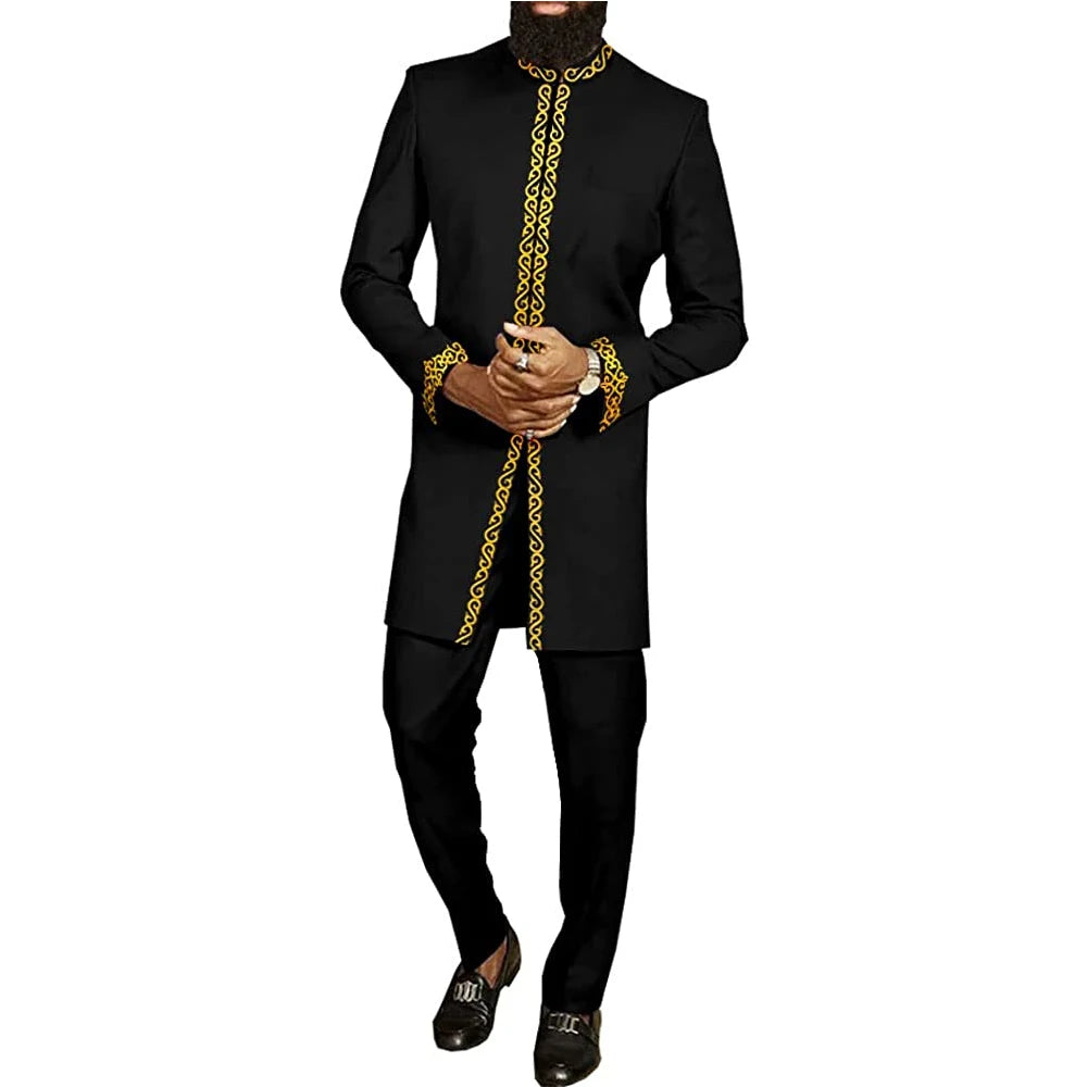 Man Sets Outfit Wedding Africa Beaded Long-sleeved Top Pants Kaftan Traditional Clothing Costoumes Ethnic Casual Men's 2Pcs Suit