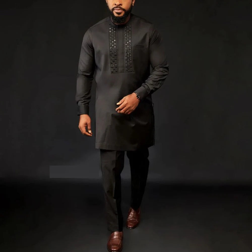 Man Sets Outfit Wedding Africa Beaded Long-sleeved Top Pants Kaftan Traditional Clothing Costoumes Ethnic Casual Men's 2Pcs Suit