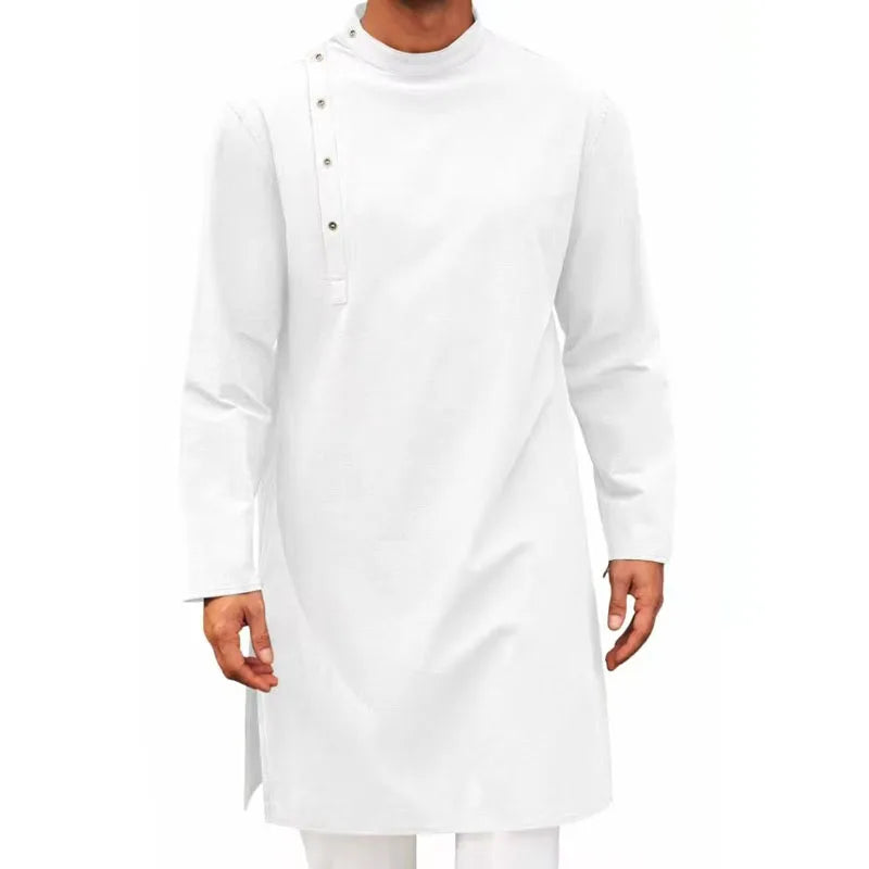 New Men's Muslim Robes Solid Long Sleeve 100% Cotton Stand Button Tops Robes Leisure Vintage Islamic Arab Kaftan Dubai Male