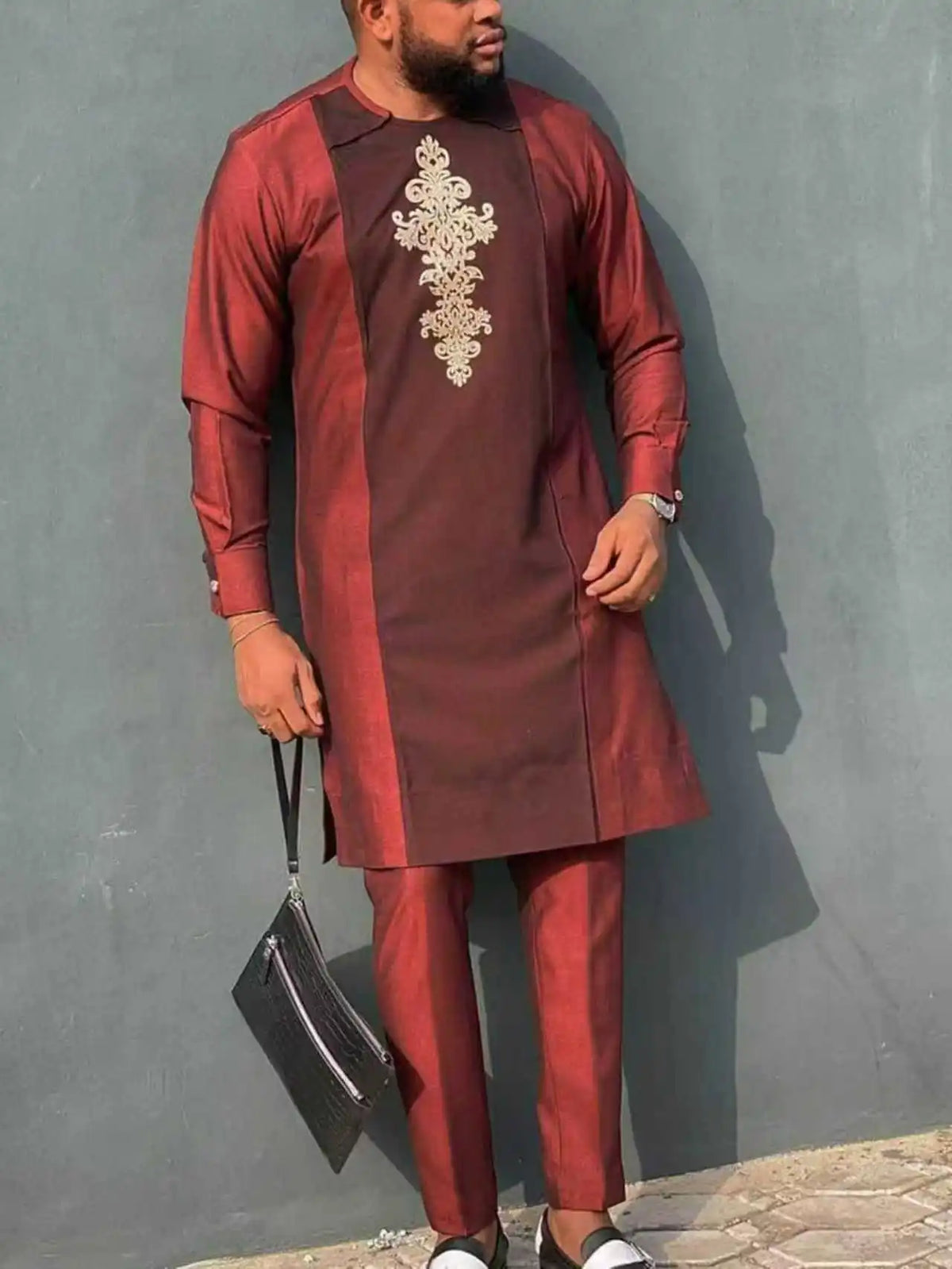 Man Sets Outfit Wedding Africa Beaded Long-sleeved Top Pants Kaftan Traditional Clothing Costoumes Ethnic Casual Men's 2Pcs Suit