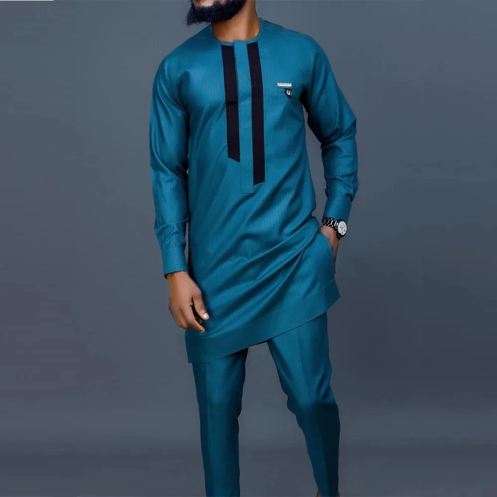 Man Sets Outfit Wedding Africa Beaded Long-sleeved Top Pants Kaftan Traditional Clothing Costoumes Ethnic Casual Men's 2Pcs Suit