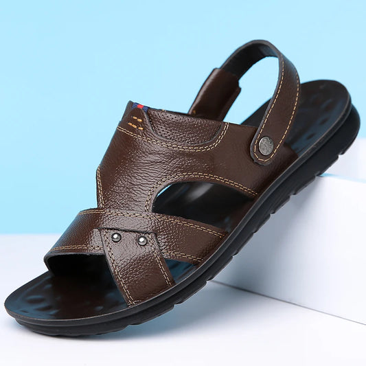 Men's Summer Leather Sandals Comfortable Anti-Slip Soft Bottom Dual-Wear Slip-On Beach Shoes Leather Cowhide Slippers-1884