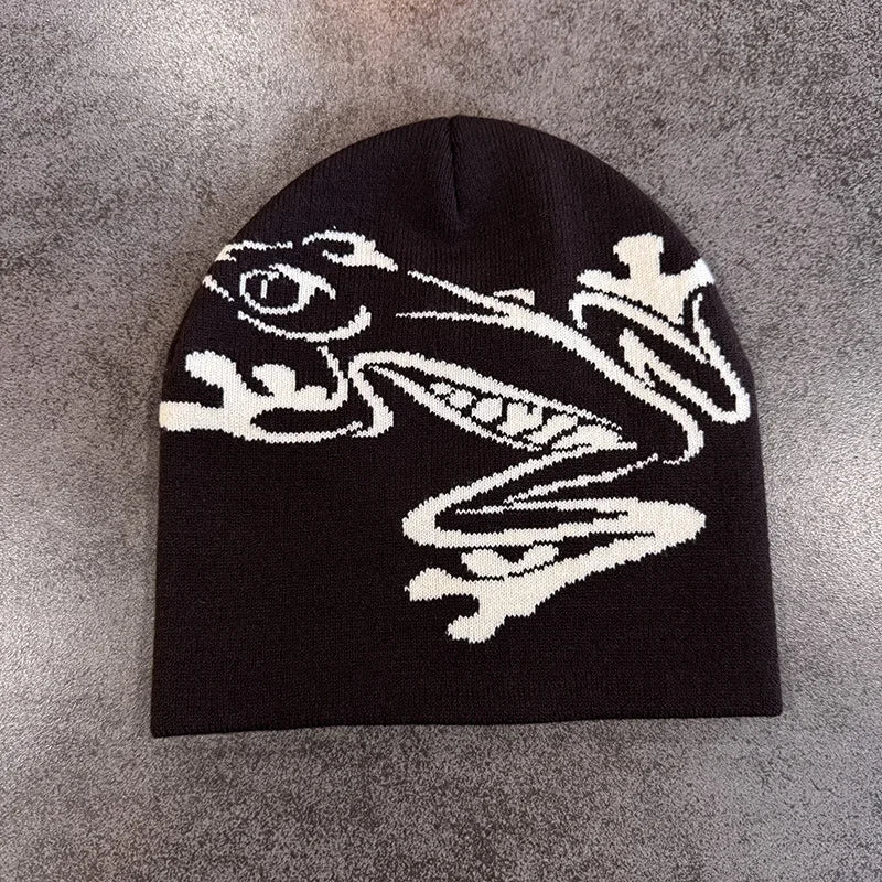 European and American Personalized Jacquard Cartoon Frog Double-Layer Knitted Slimming Headgear with a Cold Cap