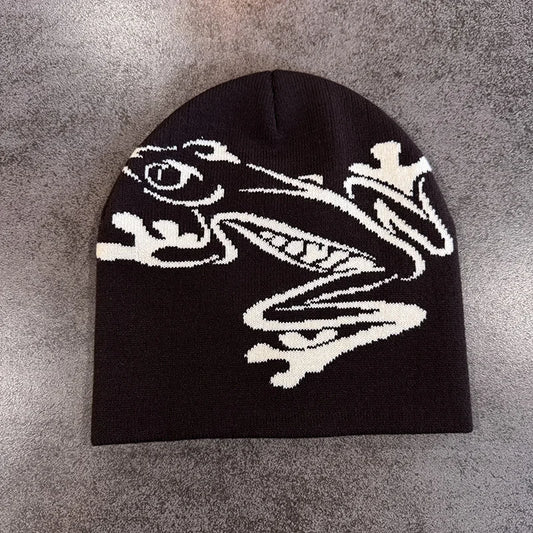 European and American Personalized Jacquard Cartoon Frog Double-Layer Knitted Slimming Headgear with a Cold Cap