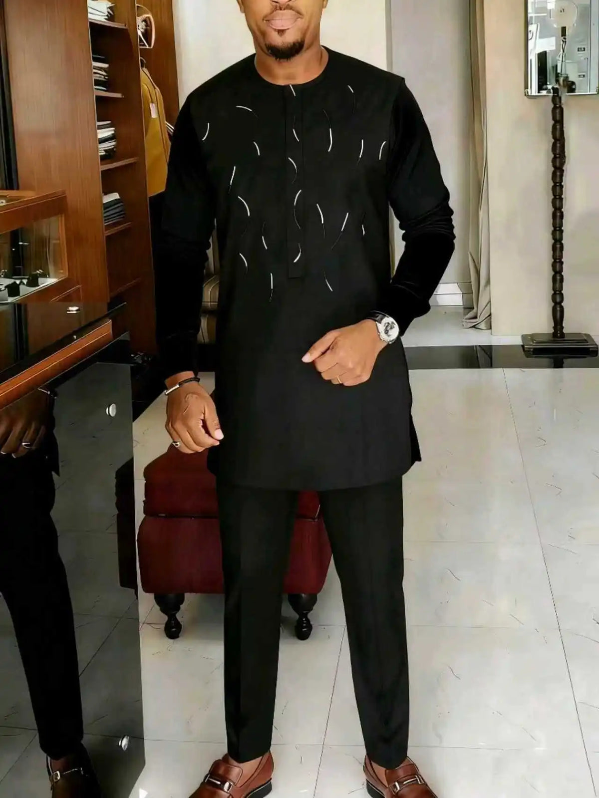 Man Sets Outfit Wedding Africa Beaded Long-sleeved Top Pants Kaftan Traditional Clothing Costoumes Ethnic Casual Men's 2Pcs Suit