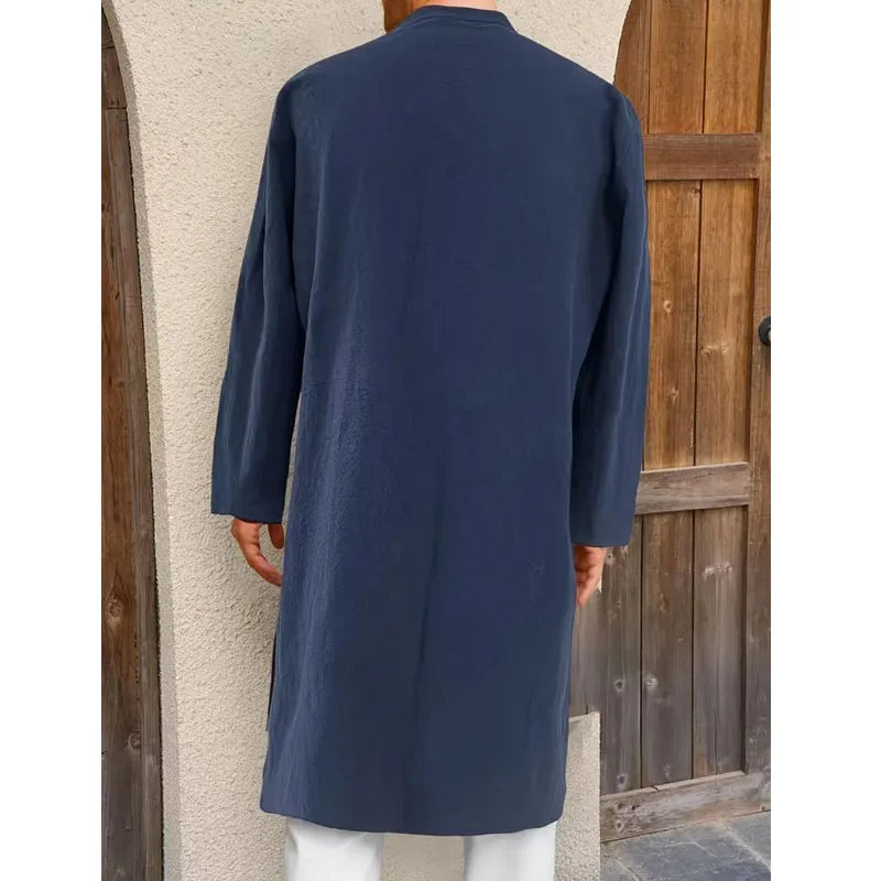 New Men's Muslim Robes Solid Long Sleeve 100% Cotton Stand Button Tops Robes Leisure Vintage Islamic Arab Kaftan Dubai Male