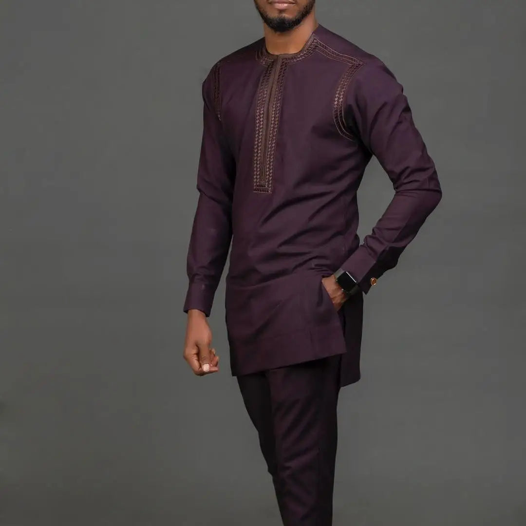 Man Sets Outfit Wedding Africa Beaded Long-sleeved Top Pants Kaftan Traditional Clothing Costoumes Ethnic Casual Men's 2Pcs Suit